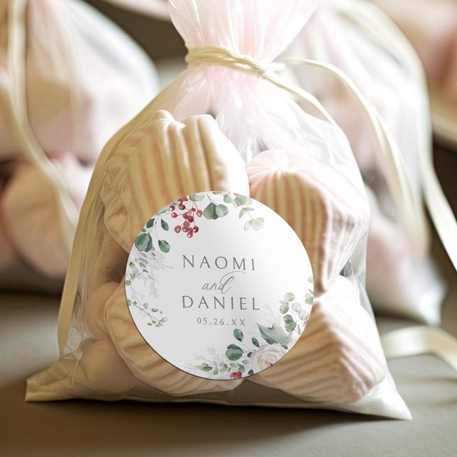 Festive Floral Winter Wedding thank you favors Classic Round Sticker (Festive Floral Winter Wedding thank you favors Classic Round Sticker)