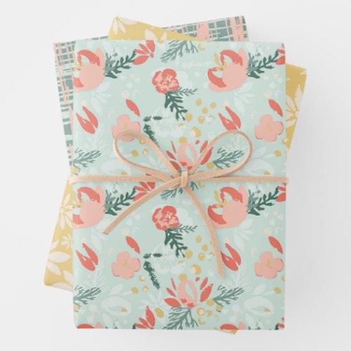 Festive Floral Wrapping Paper Flat Sheet Set of 3