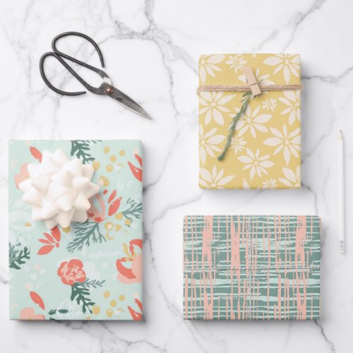 Festive Floral Wrapping Paper Flat Sheet Set of 3