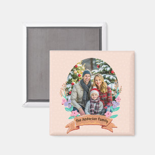 Festive Floral Wreath Christmas Baby Pink Photo Magnet