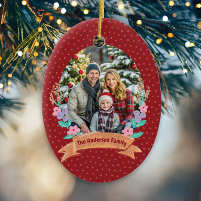 Festive Floral Wreath Christmas Red Photo Ceramic Ornament (Creator Uploaded)