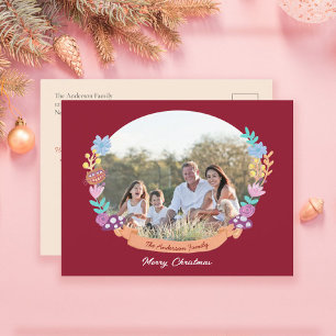 Festive Floral Wreath Dark Red Photo Holiday Postcard