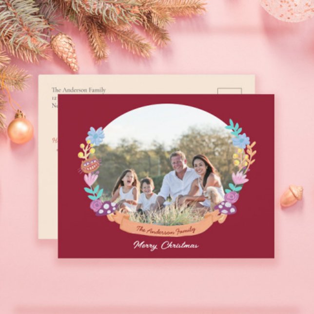 Festive Floral Wreath Dark Red Photo  Holiday Postcard (Creator Uploaded)