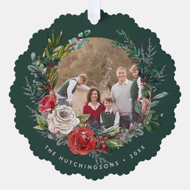 Festive Floral Wreath Photo Ornament Card (Front)