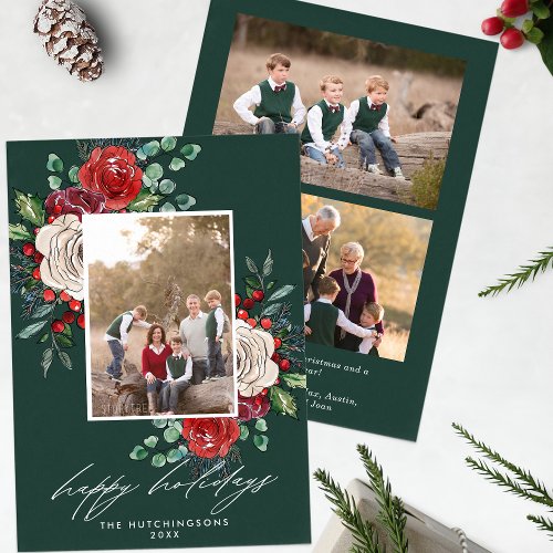 Festive Florals 3 Photo Modern Holiday Card