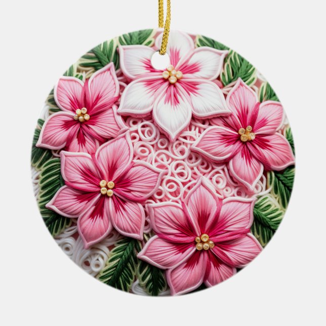 Festive Florals: Holiday Poinsettia Art Ceramic Ornament (Front)