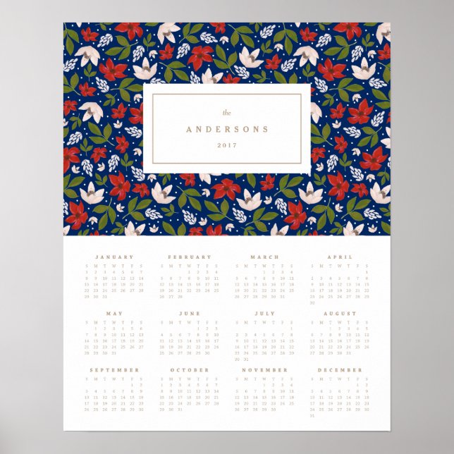 Festive Florals in Navy 16x20 2017 Yearly Calendar Poster (Front)