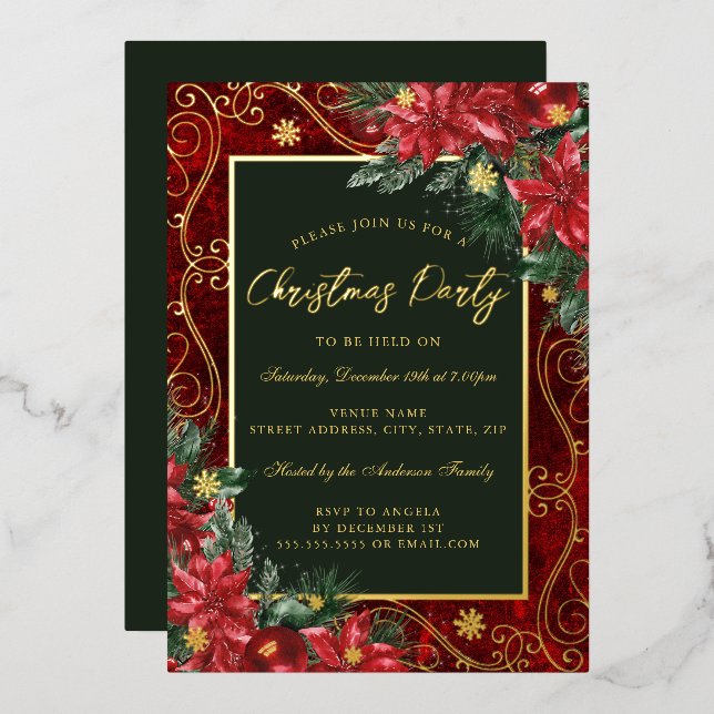 Festive Flower Gold Frame Christmas Party Foil Invitation (Front/Back)