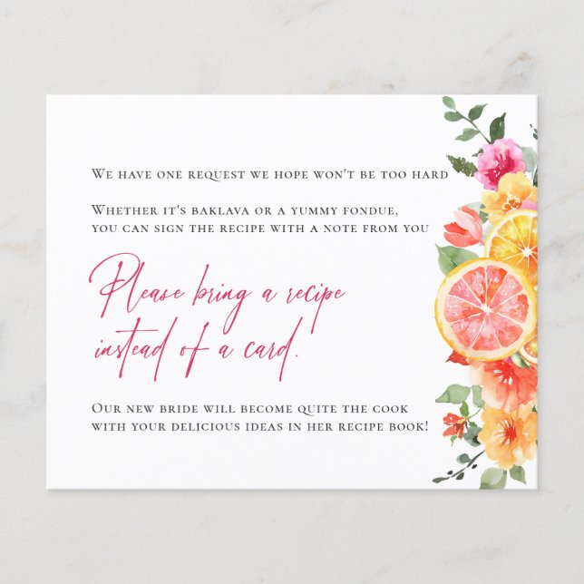 Festive Flowers Citrus Bridal Recipe Request Card (Front)