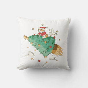 Festive Flying Christmas Tree Santa Cat Throw Pillow