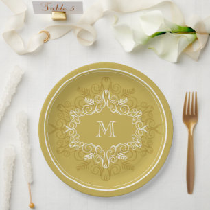 Festive Foliage Deco Frame Monogram Classy Holiday Paper Plates