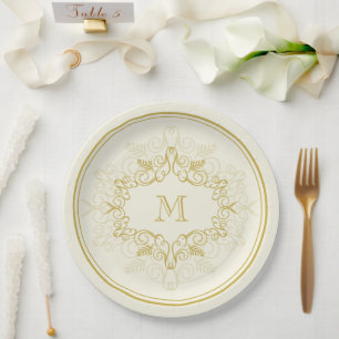 Festive Foliage Deco Frame Monogram Classy Holiday Paper Plates
