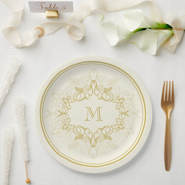 Festive Foliage Deco Frame Monogram Classy Holiday Paper Plates (Wedding)