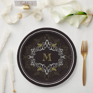 Festive Foliage Deco Frame Monogram Classy Holiday Paper Plates