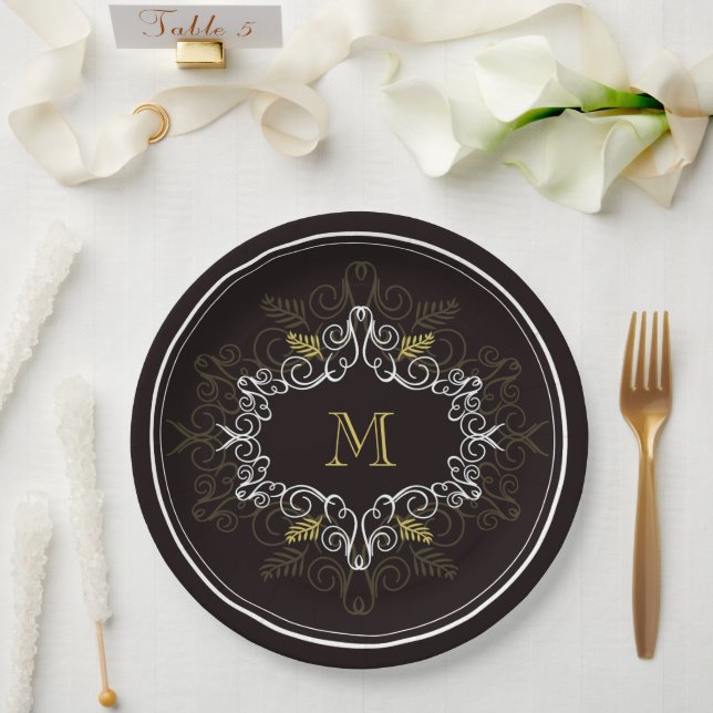 Festive Foliage Deco Frame Monogram Classy Holiday Paper Plates (Wedding)