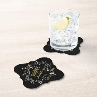 Festive Foliage Deco Gold Frame Holiday Party Paper Coaster