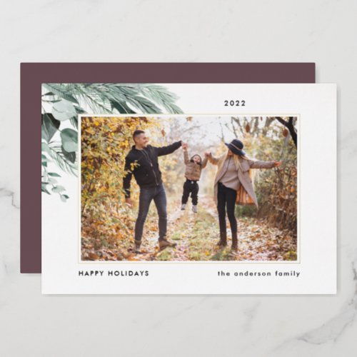 Festive Foliage  Elegant Christmas Family Photo Foil Holiday Card