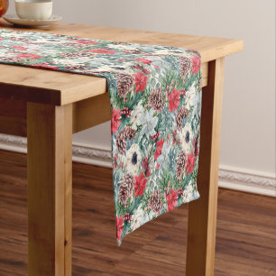 Festive Foliage Floral Christmas Holiday Pattern Short Table Runner