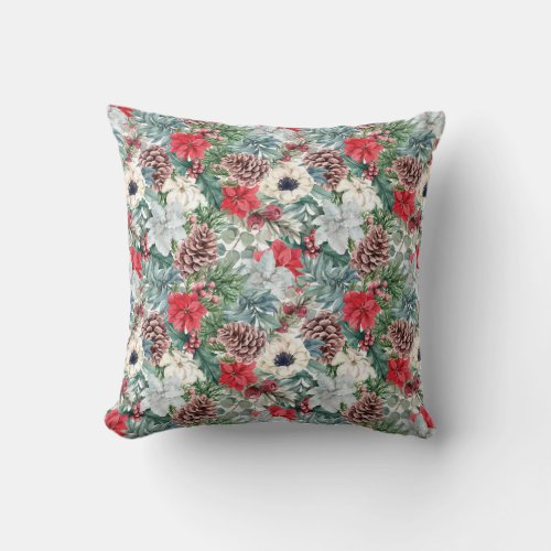 Festive Foliage Floral Christmas Holiday Pattern Throw Pillow