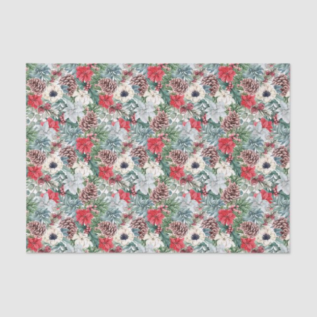 Festive Foliage Floral Christmas Holiday Pattern Tissue Paper (Front)