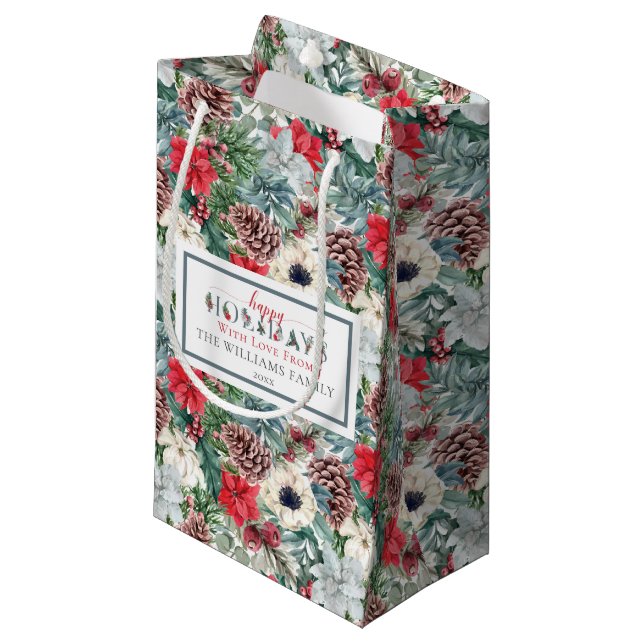 Festive Foliage Floral Happy Holidays Pattern Small Gift Bag (Front Angled)