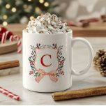 Festive Foliage Frame Monogram Coffee Mug<br><div class="desc">Festive watercolor greenery and berry adorned crest frame with striped bow accent detail,  Christmas Holiday Monogram Mug.</div>