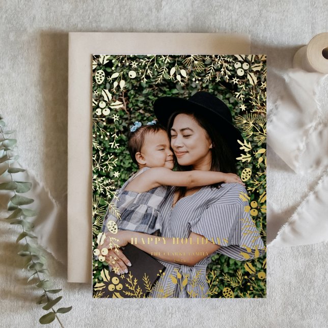 Festive Foliage Frame Photo Overlay Christmas Foil Holiday Card (Creator Uploaded)