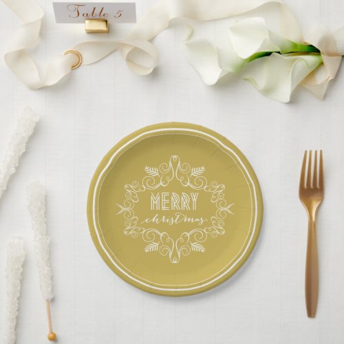 Festive Foliage Gold Deco Merry Christmas Party Paper Plates