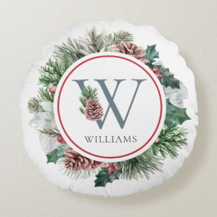 Festive Foliage Holiday Floral Initial Custom Name Round Pillow