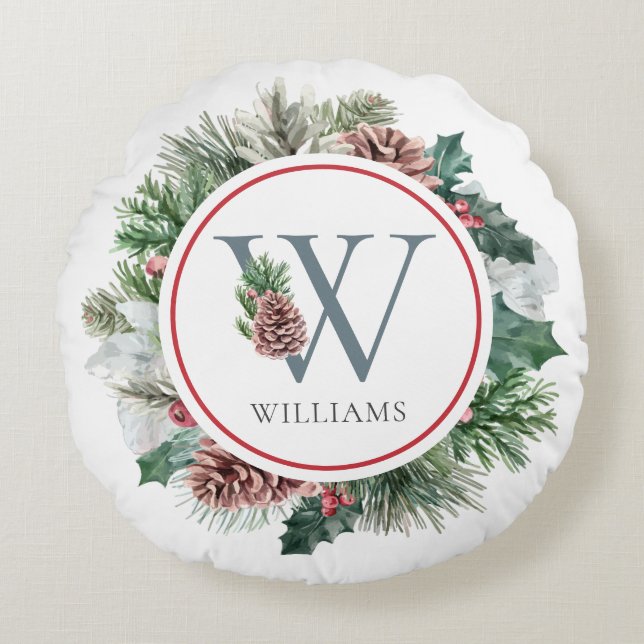 Festive Foliage Holiday Floral Initial Custom Name Round Pillow (Front)