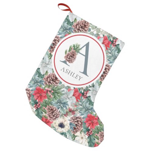 Festive Foliage Holiday Floral Initial Custom Name Small Christmas Stocking