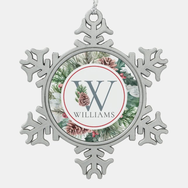 Festive Foliage Holiday Floral Initial Custom Name Snowflake Pewter Christmas Ornament (Front)
