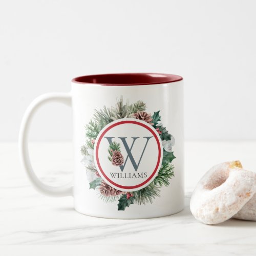 Festive Foliage Holiday Floral Initial Custom Name Two_Tone Coffee Mug