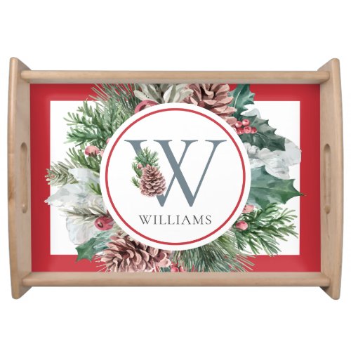 Festive Foliage Holiday Floral Initial Family Name Serving Tray