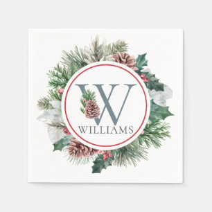 Festive Foliage Holiday Monogram Initial Dinner Napkins