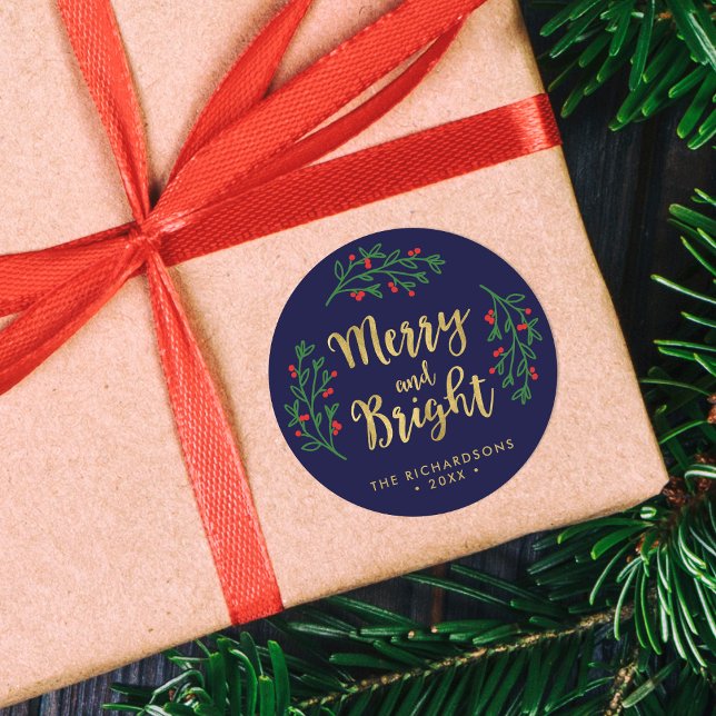 Festive Foliage Merry and Bright Holiday Classic Round Sticker (Creator Uploaded)