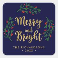 Festive Foliage Merry and Bright Holiday Square Sticker