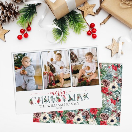 Festive Foliage Merry Christmas Floral 3_Photo Card