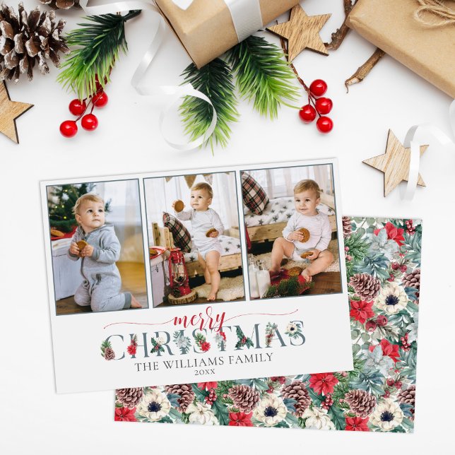 Festive Foliage Merry Christmas Floral 3-Photo Card (Creator Uploaded)
