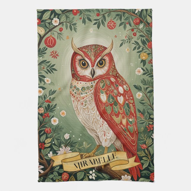 Festive Foliage Owl Personalized Kitchen Towel (Vertical)