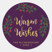 Festive Foliage Warm Wishes Purple Holiday Classic Round Sticker