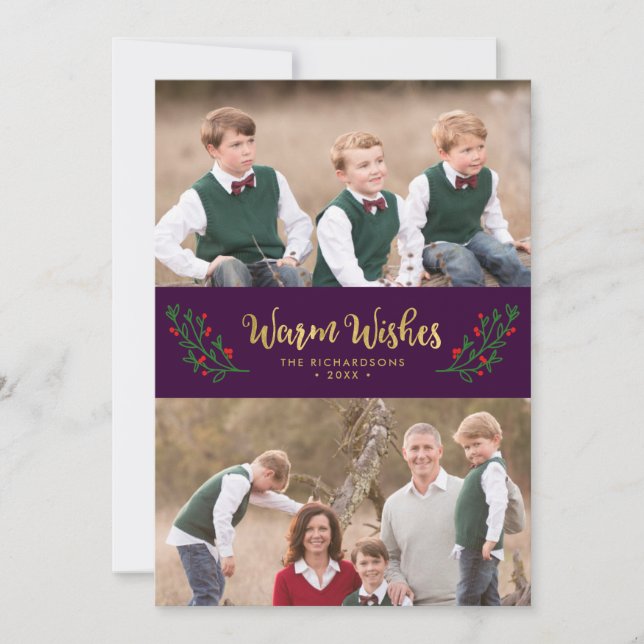 Festive Foliage Warm Wishes Purple Holiday Photo (Front)