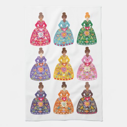 Festive Folk Art Ladies Kitchen Towel