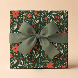 Festive Folk Floral Christmas Gift Wrap Paper