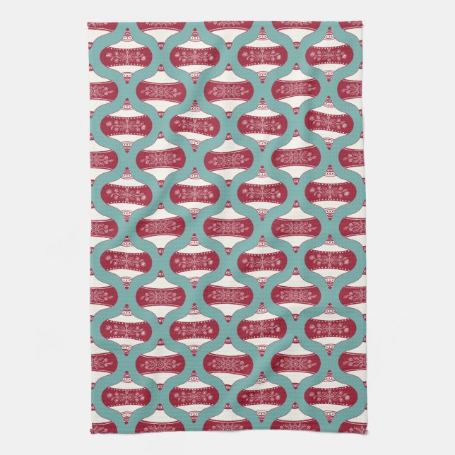 Festive Folkart Ornament in Red and Blue Kitchen Towel (Vertical)