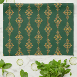 Festive Forest Green Gold Medallion  Kitchen Towel