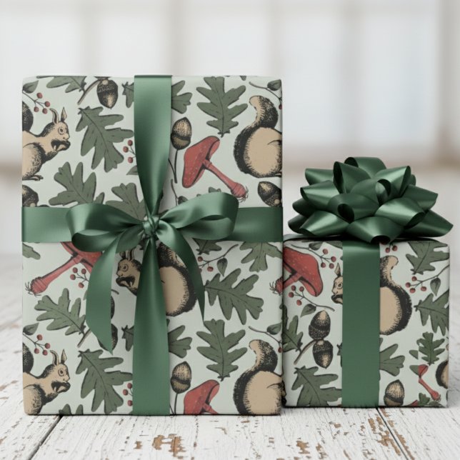 Festive Forest Squirrels, Acorns & Mushrooms Green Wrapping Paper (Sage Green Forest Winter Squirrels & Leaves Woodland Wrapping Paper for Nature Wild Animals Lover. )