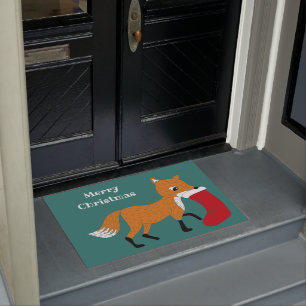 Festive Fox Carrying a Stocking Custom Christmas Doormat
