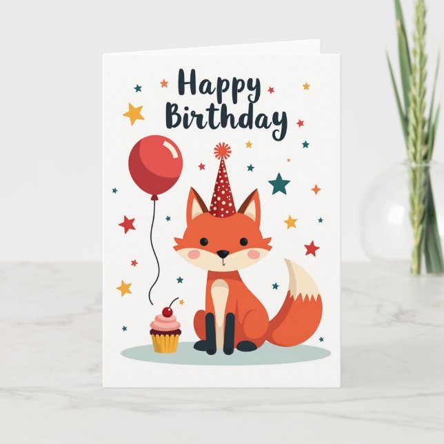 Festive Fox Hat Birthday Card (Front)