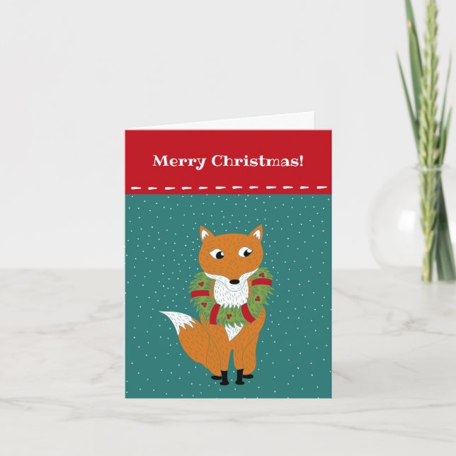 Festive Fox in a Christmas Wreath Personalized Holiday Card (Front)